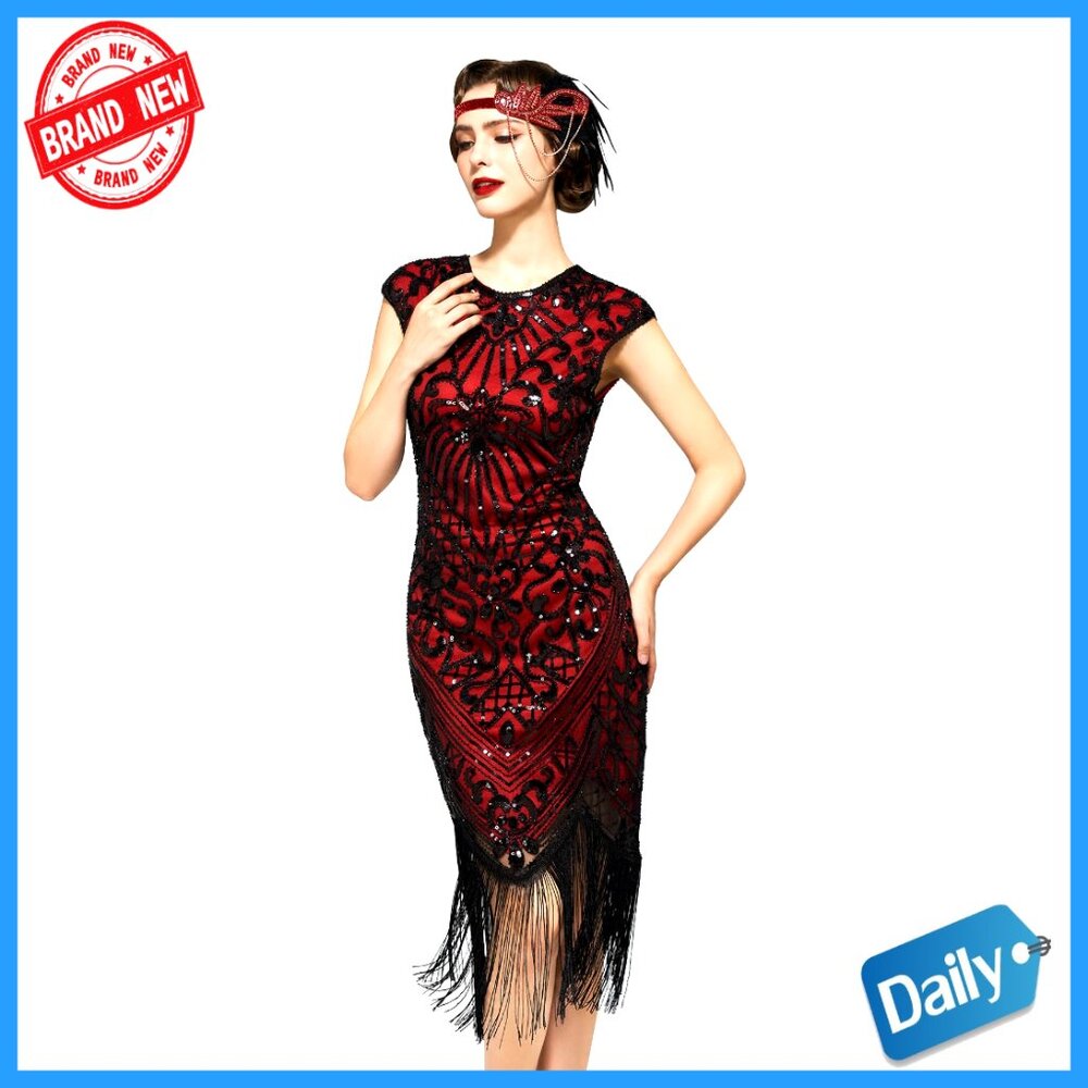Sequin Fringed 1920s Flapper Cocktail Dress, Polyester Mesh, Sizes S-Xl